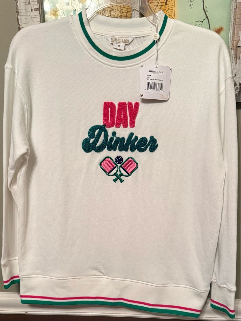 Shiraleah Day Dinker Ivory Crewneck Sweatshirt with Green Trim NWT